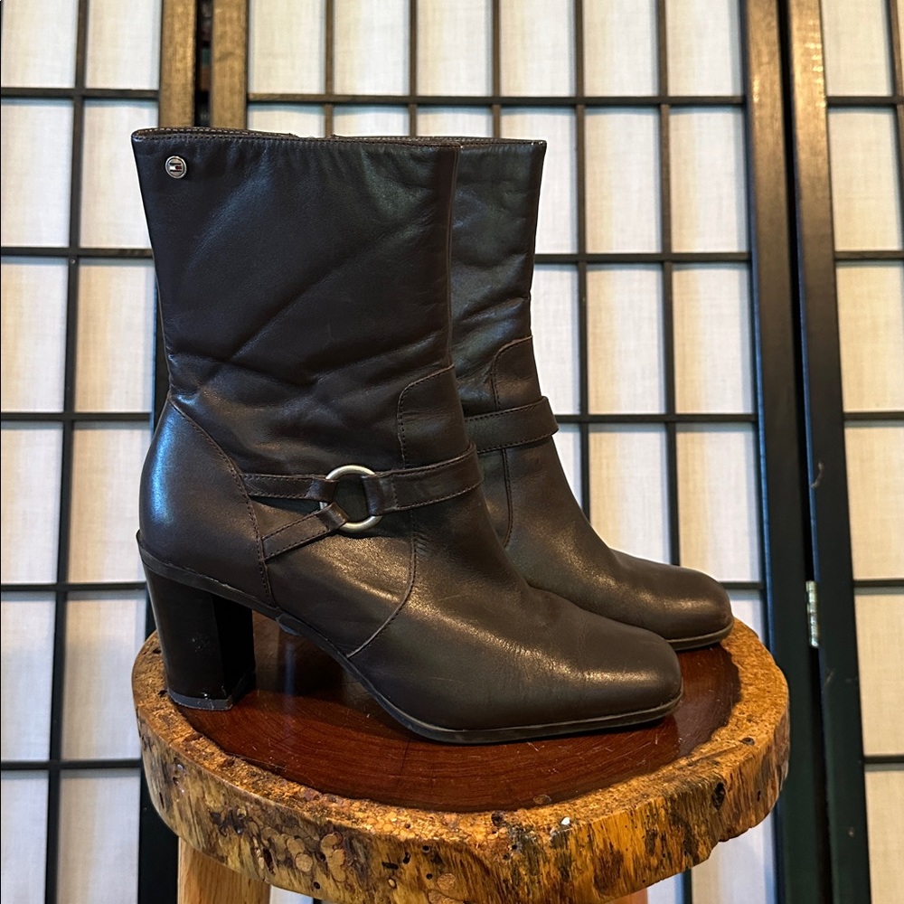 Tommy Hilfiger Miranda Classic Brown Leather Boots- 3” heels EUC Size 7